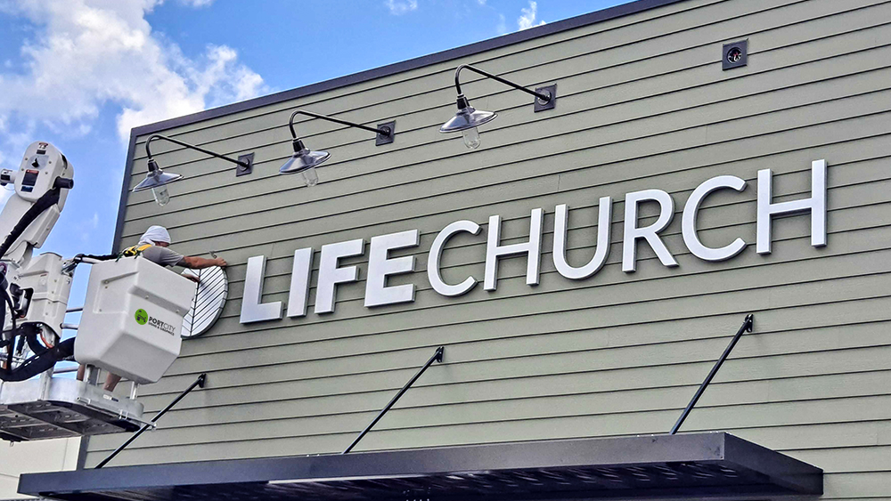 exterior dimensional sign saying life church