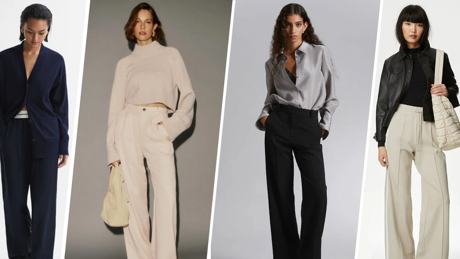 For spring fashion ideas, stylish women wearing high-waisted wide-leg pants with a fitted top.