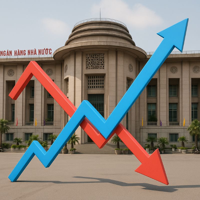 Tòa nhà Ngân hàng Nhà nước Việt Nam với mũi tên lãi suất lên xuống