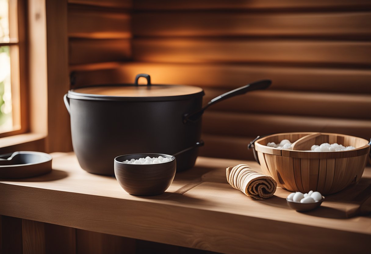 A serene sauna with a wooden interior, soft lighting, and a bucket of water and ladle next to the stove