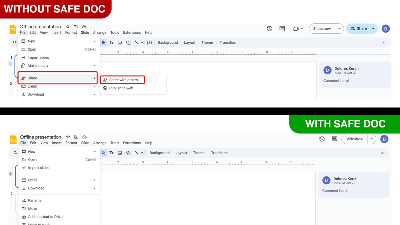 xFanatical Safe Doc removes Share > Share with others menu in Google Slides