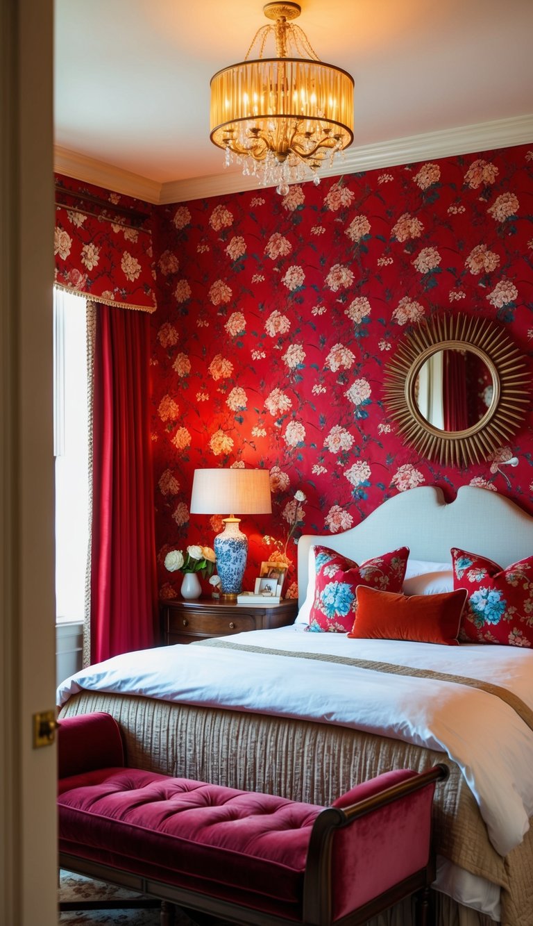 A cozy bedroom with vibrant red floral wallpaper, complemented by warm lighting and elegant decor