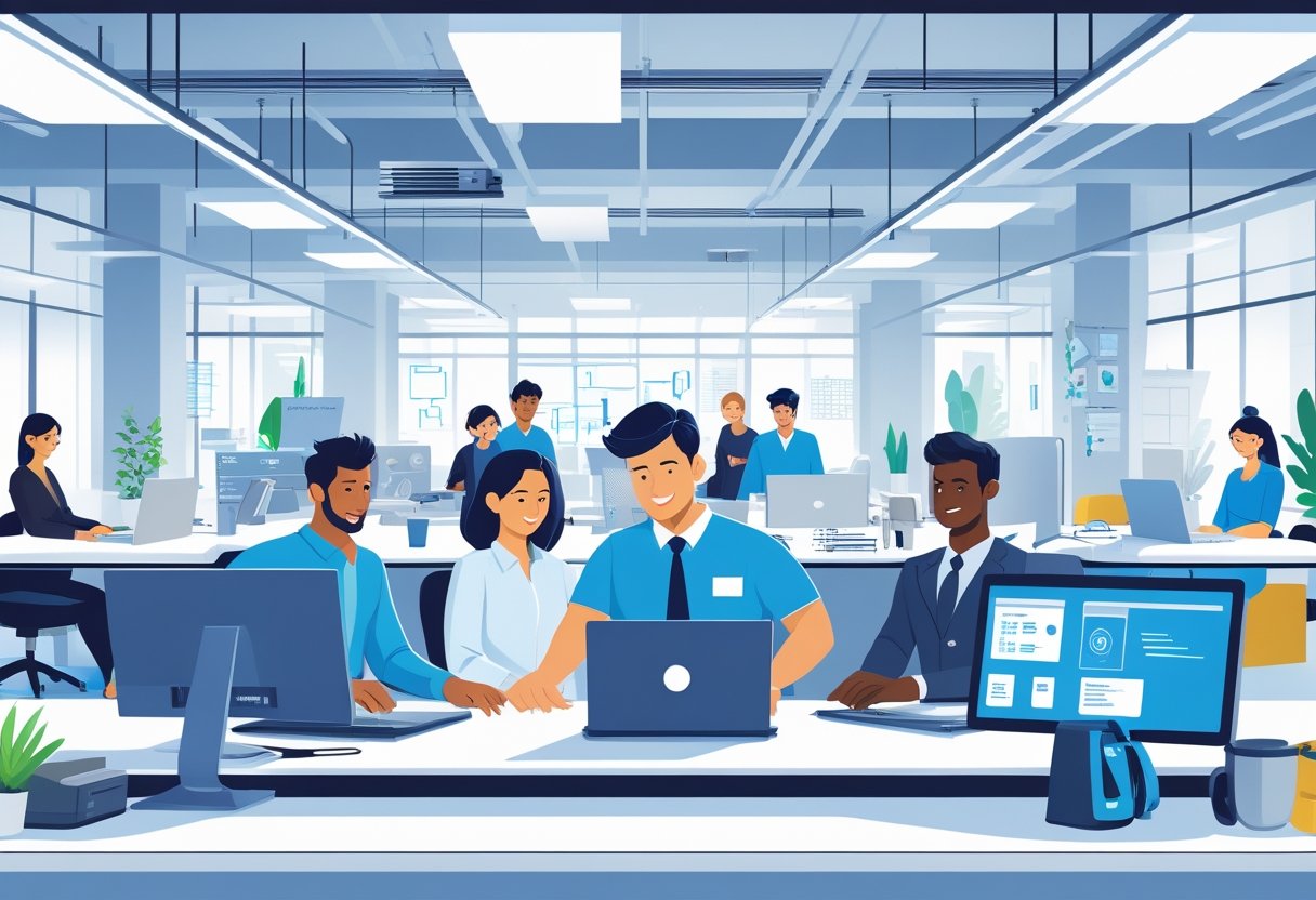 An office scene with employees working efficiently and an IT specialist helping a worker with a laptop, showing a supportive and productive work environment.