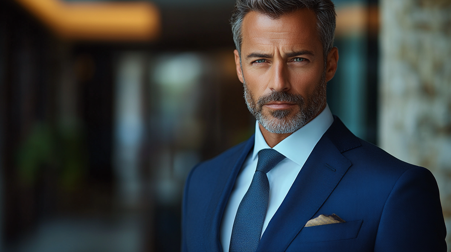 harp-dressed man wearing a perfectly tailored navy blue suit at a wedding, exuding confidence and style. The suit fits impeccably, featuring structured shoulders, a sleek lapel, and a modern slim cut. Paired with a crisp white dress shirt, a silk tie, and polished dress shoes, the ensemble is refined and elegant. The man adjusts his cufflinks or stands with a poised posture, highlighting the luxurious texture and deep navy hue of the suit. The softly blurred wedding venue in the background adds to the sophisticated atmosphere. Photorealistic, ultra-HD, cinematic lighting.