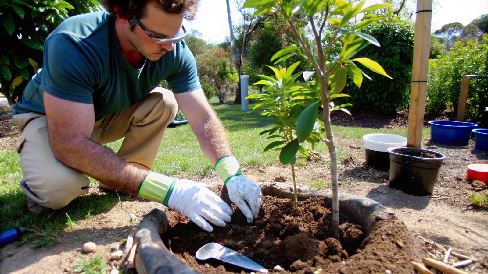 Muda de nêspera sendo plantada no solo, com um jardineiro usando luvas