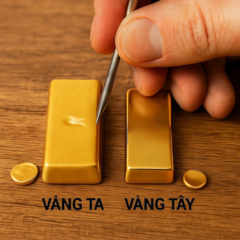 Bàn tay dùng que thử vết lõm trên miếng vàng nguyên chất