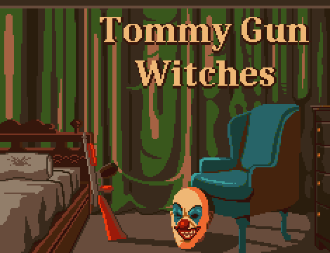 Closed curtains are behind a tommy gun leaning against a bed and a clown mask leaning against a chair. 