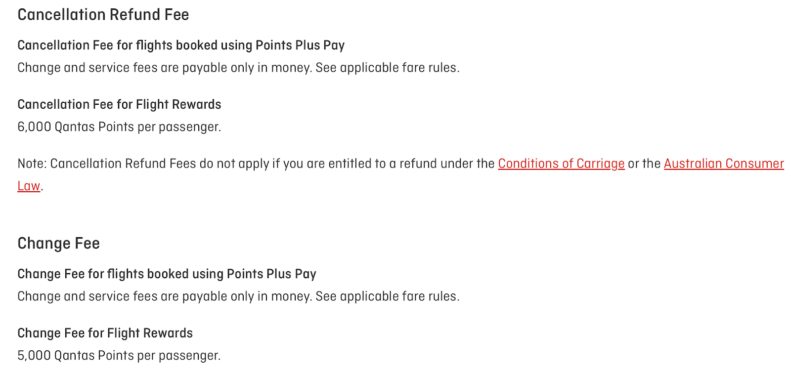 Qantas award ticket change and cancellation fees