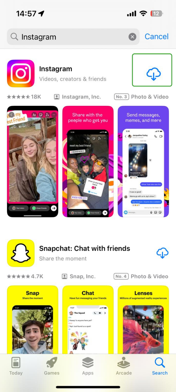 Screenshot of Apple App Store showing the Instagram app with the "Install" button highlighted
