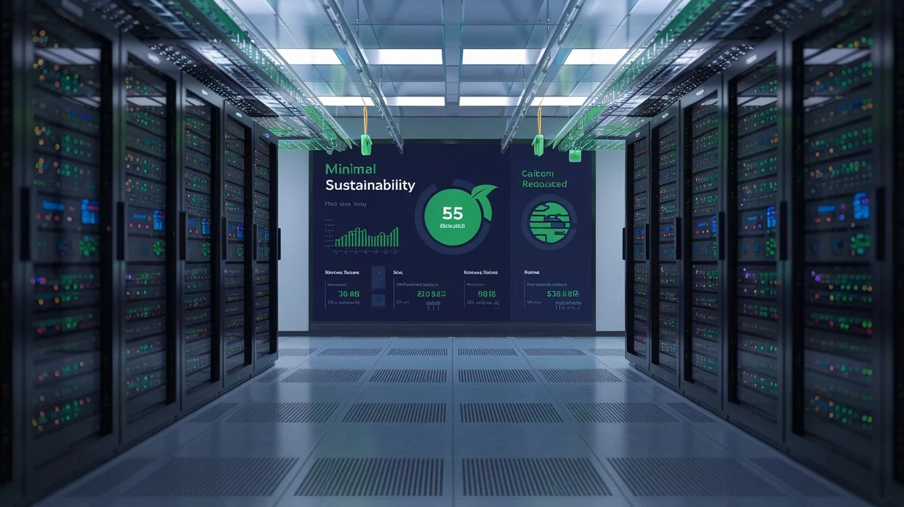 A data center using green IT to enhance cloud sustainability, with AI monitoring energy and carbon usage.