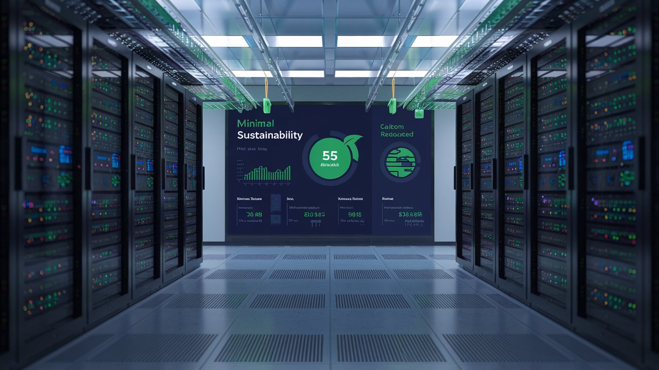 A data center using green IT to enhance cloud sustainability, with AI monitoring energy and carbon usage.