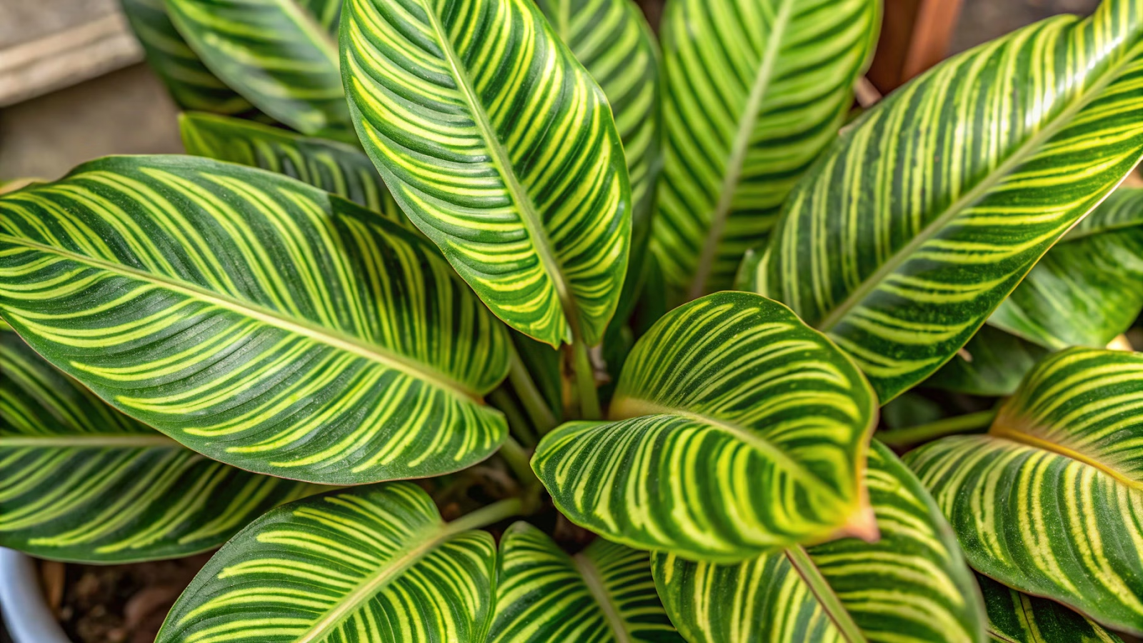 Planta Calatéia com folhas listradas em luz indireta no jardim tropical.