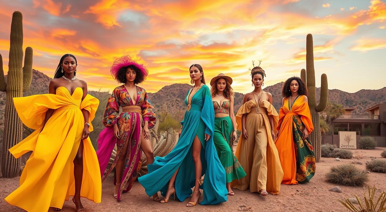 A vibrant desert scene showcasing diverse fashion styles inspired by Scottsdale Fashion Week, featuring models adorned in bold, colorful outfits, flowing fabrics, and unique accessories, against a backdrop of striking desert landscapes with cacti and sunset skies, emphasizing luxury and creativity in fashion trends.