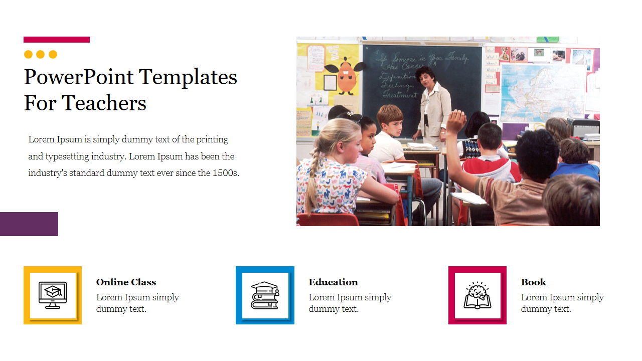 PowerPoint slide showing a classroom scene with a teacher, students, and icons for online class, education, and books.