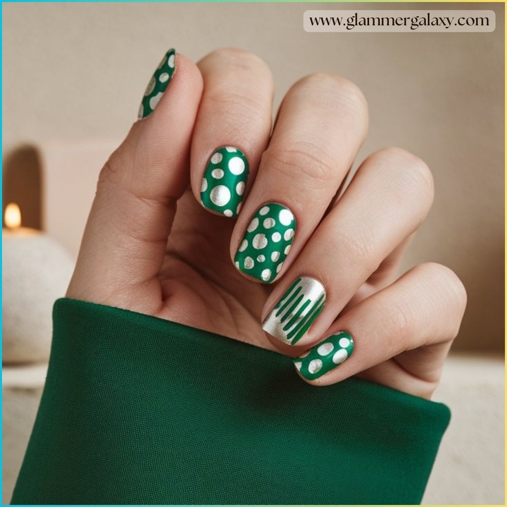 Close up of green fall nails Combining Green & Silver