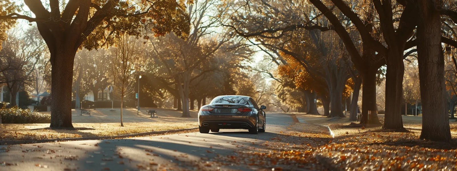 a sleek, silver car driving smoothly down a tree-lined road in tulsa, embodying the concept of securing low auto insurance rates.