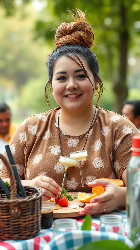 A woman with a messy bun and face-framing strands, enjoying a spring day outdoors.