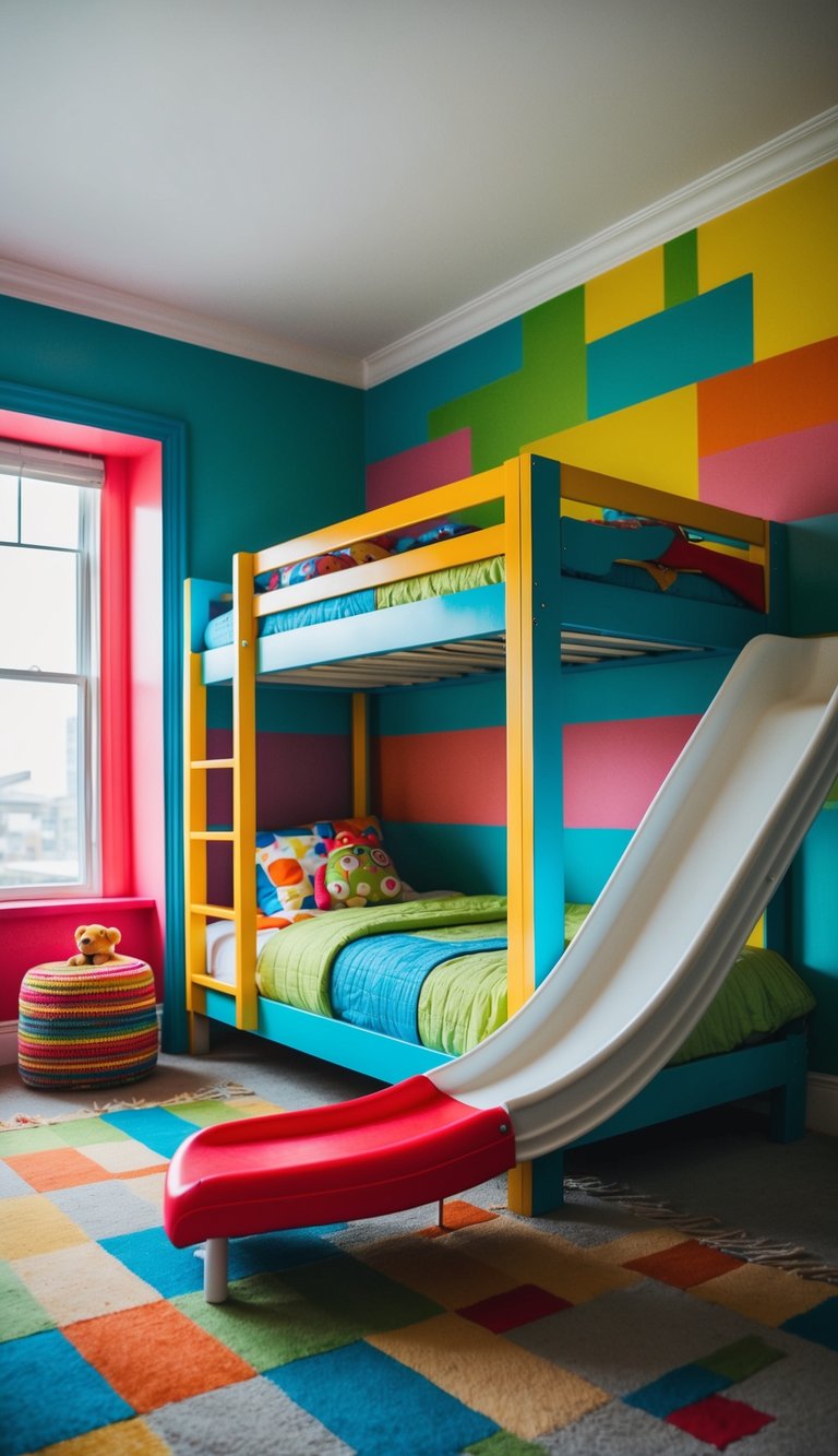 Bunk beds with a slide in a colorful, playful kids' bedroom