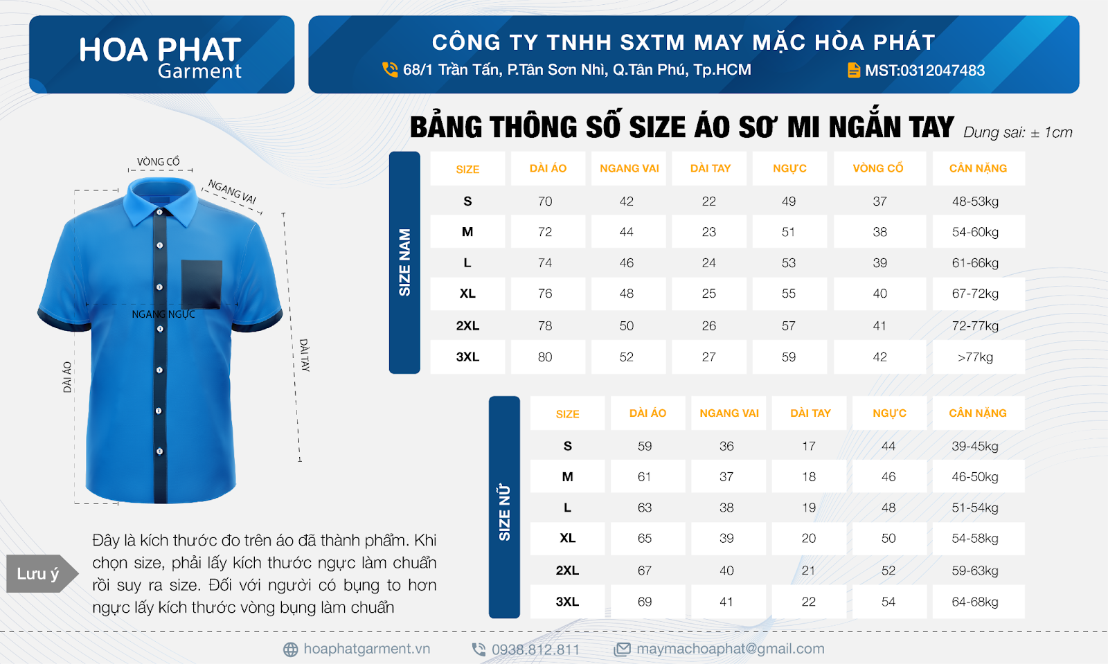 bảng size áo sơ mi tay ngắn