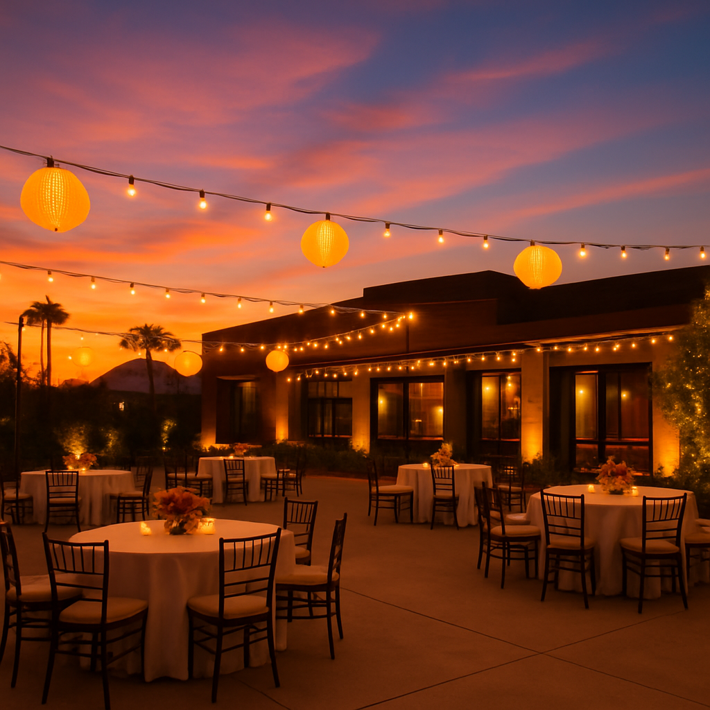 A sunset view of a unique corporate event venue in Phoenix with beautiful lighting and decor.