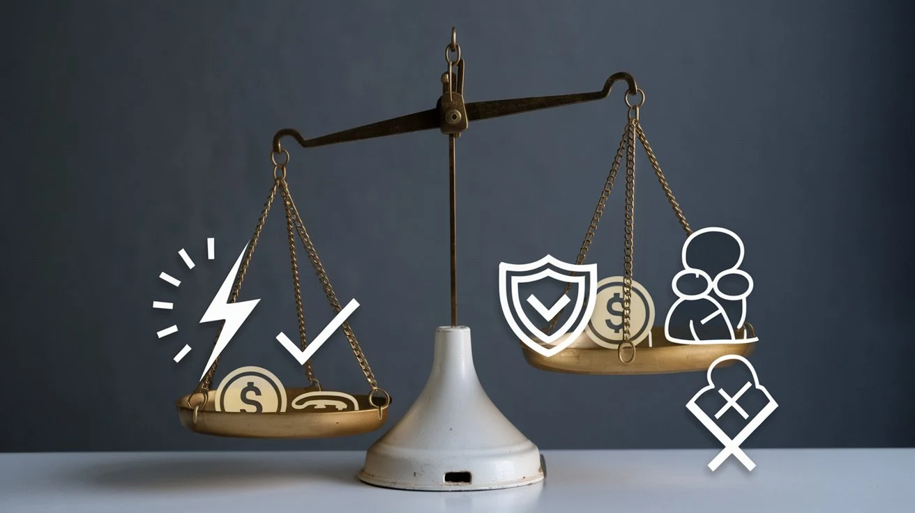 Balance scale representing the advantages and challenges of AI in cybersecurity, with hackers attempting to exploit weaknesses.