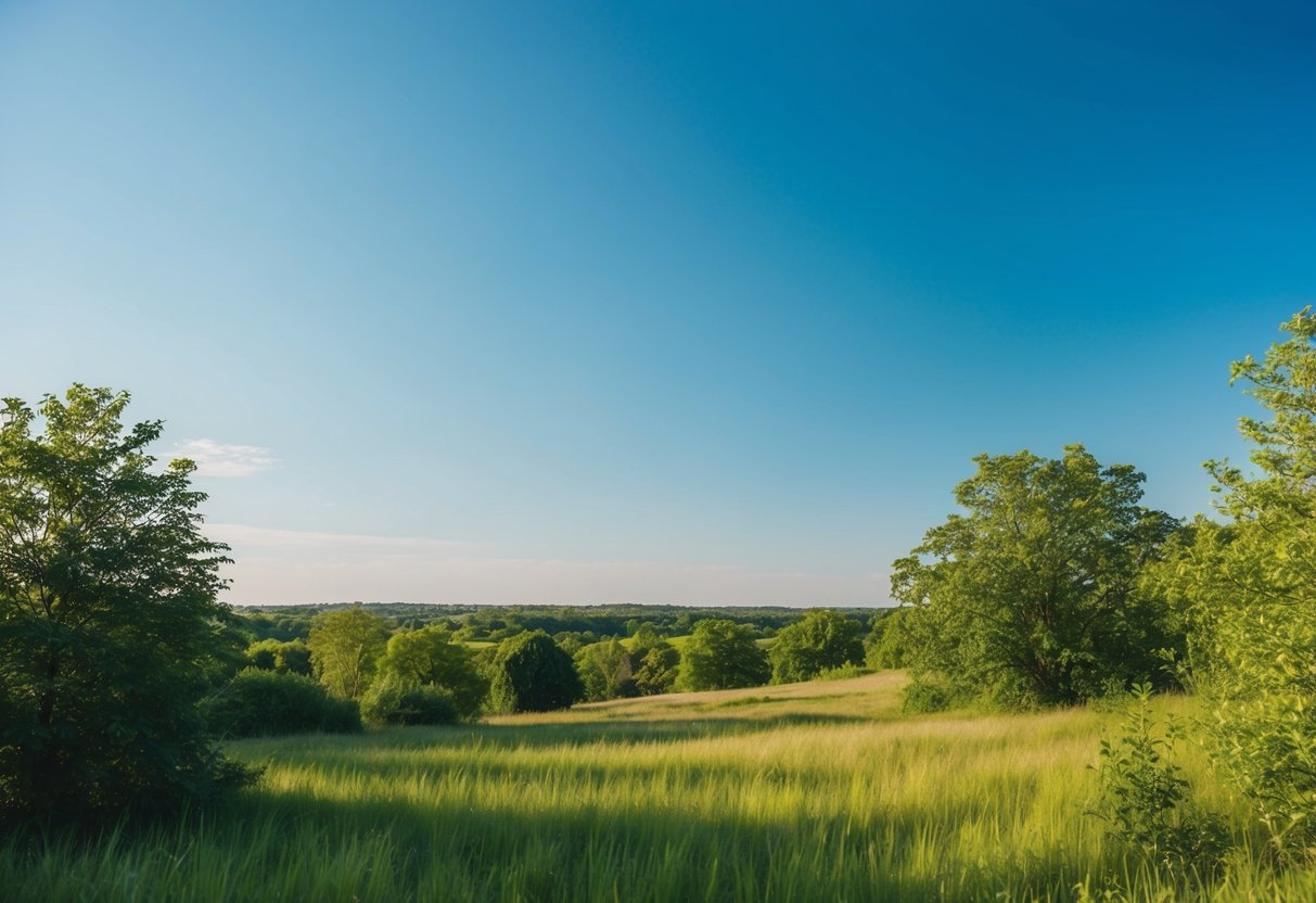 A serene, nature-filled landscape with a clear blue sky, vibrant greenery, and a sense of freedom and fresh air