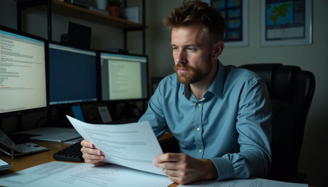 A man studies a text file at a cluttered desk.