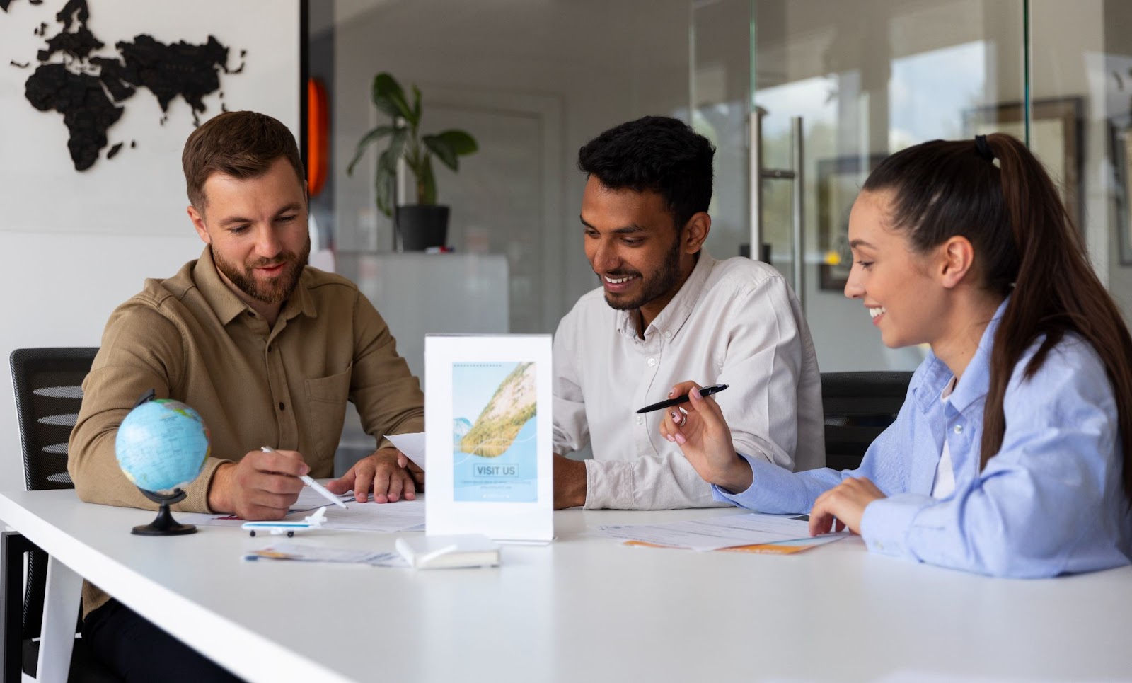 A travel agent consulting clients