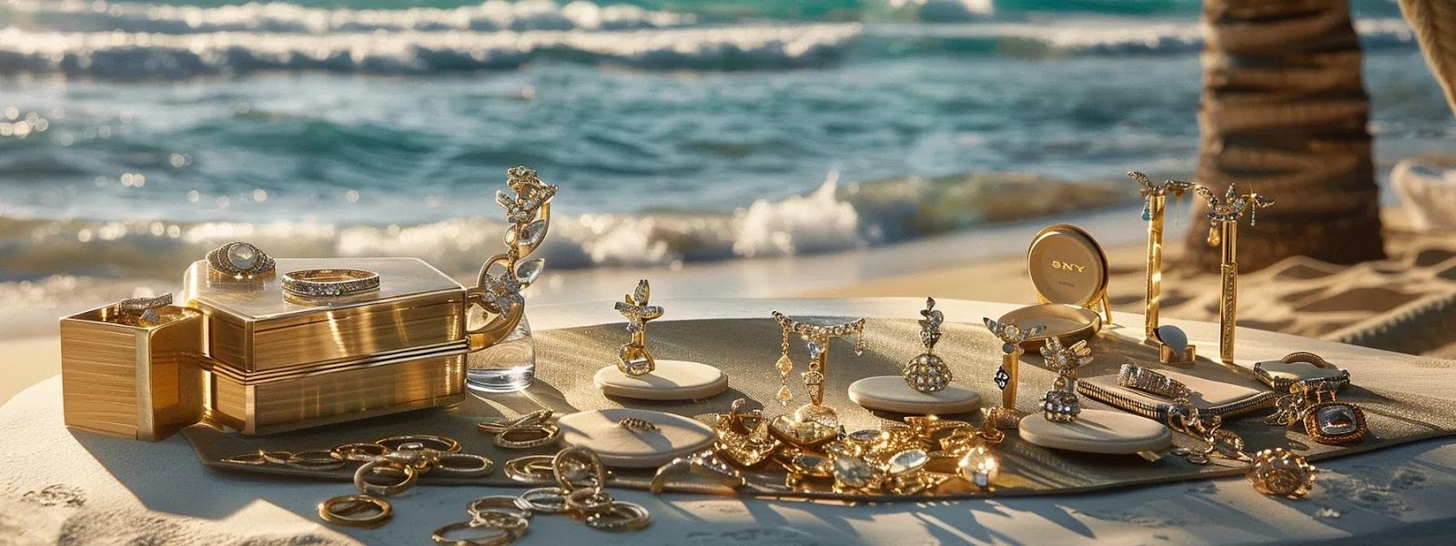 a stylish beachside setup featuring an array of elegant jewelry displayed on a chic, sunlit surface, with waves gently lapping in the background, emphasizing the necessity of care and protection for precious pieces in a vibrant, summer atmosphere.