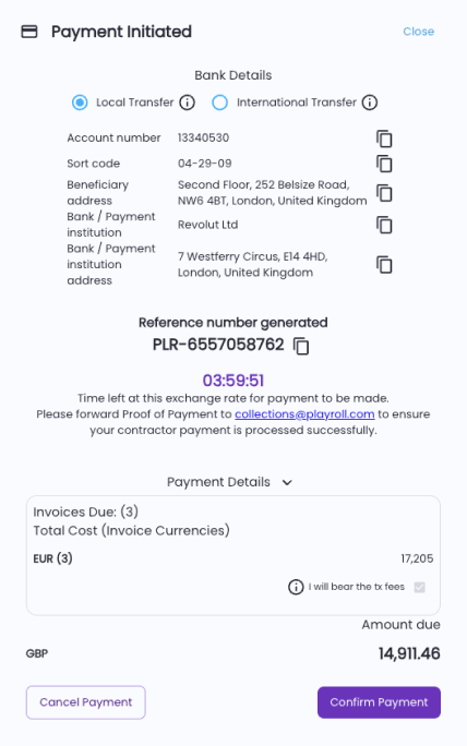 Final confirmation window showing exchange rate and payment summary