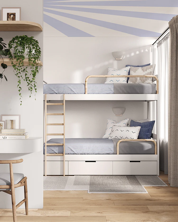 geometric wallpaper on ceiling with bunk bed and ladder