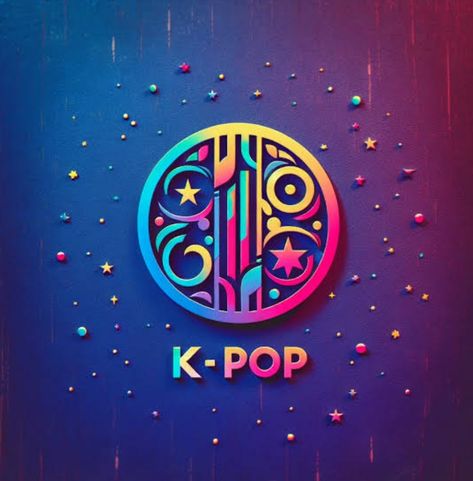 This contains an image of k - pop logo displayed on a blue and purple background with stars around it