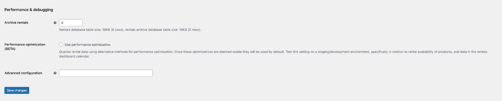 Performance and debugging related settings for the Rental Products for WooCommerce extenion.