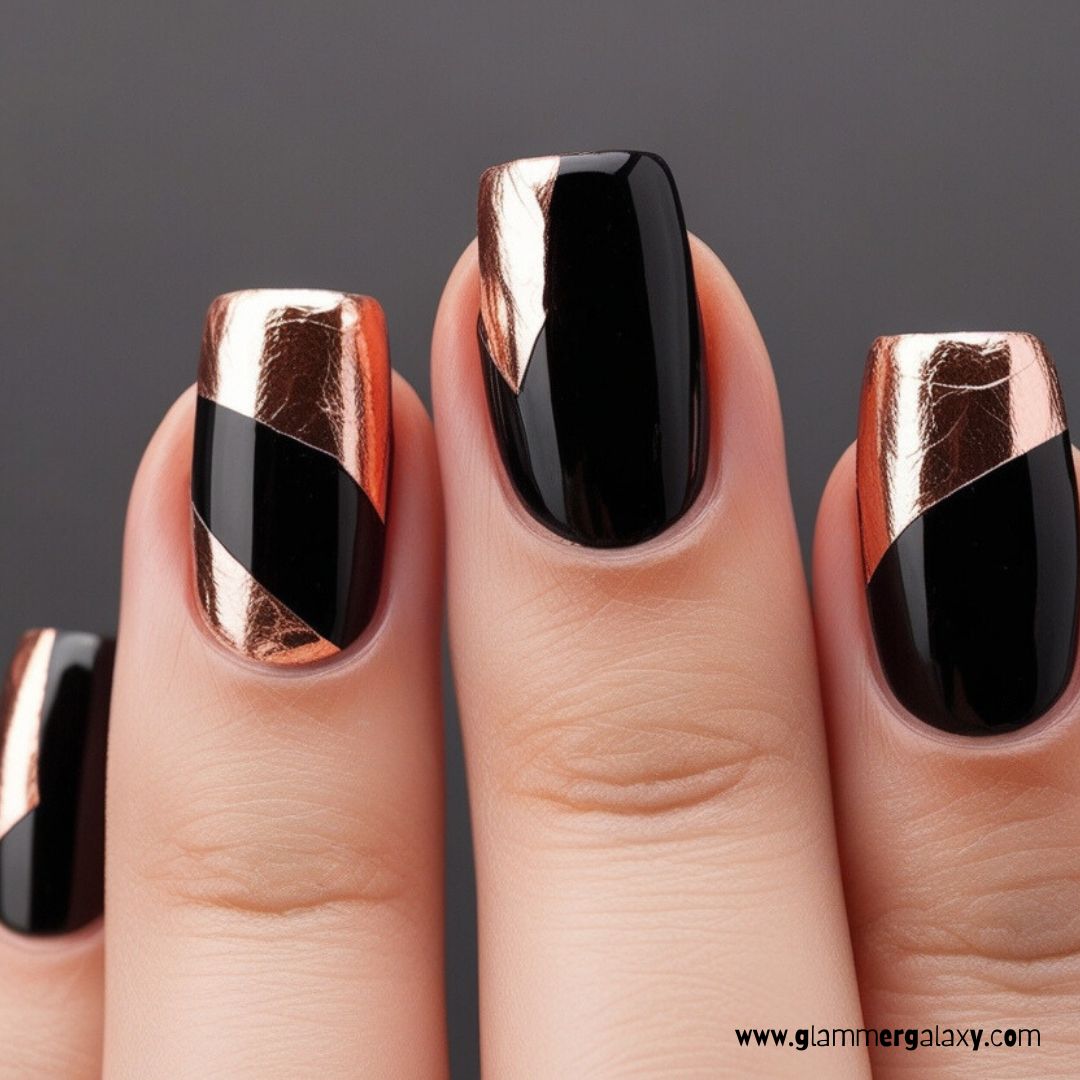 Black and Rose Gold Nail Designs having Black Nails with Metallic Rose Gold Foil Accents
