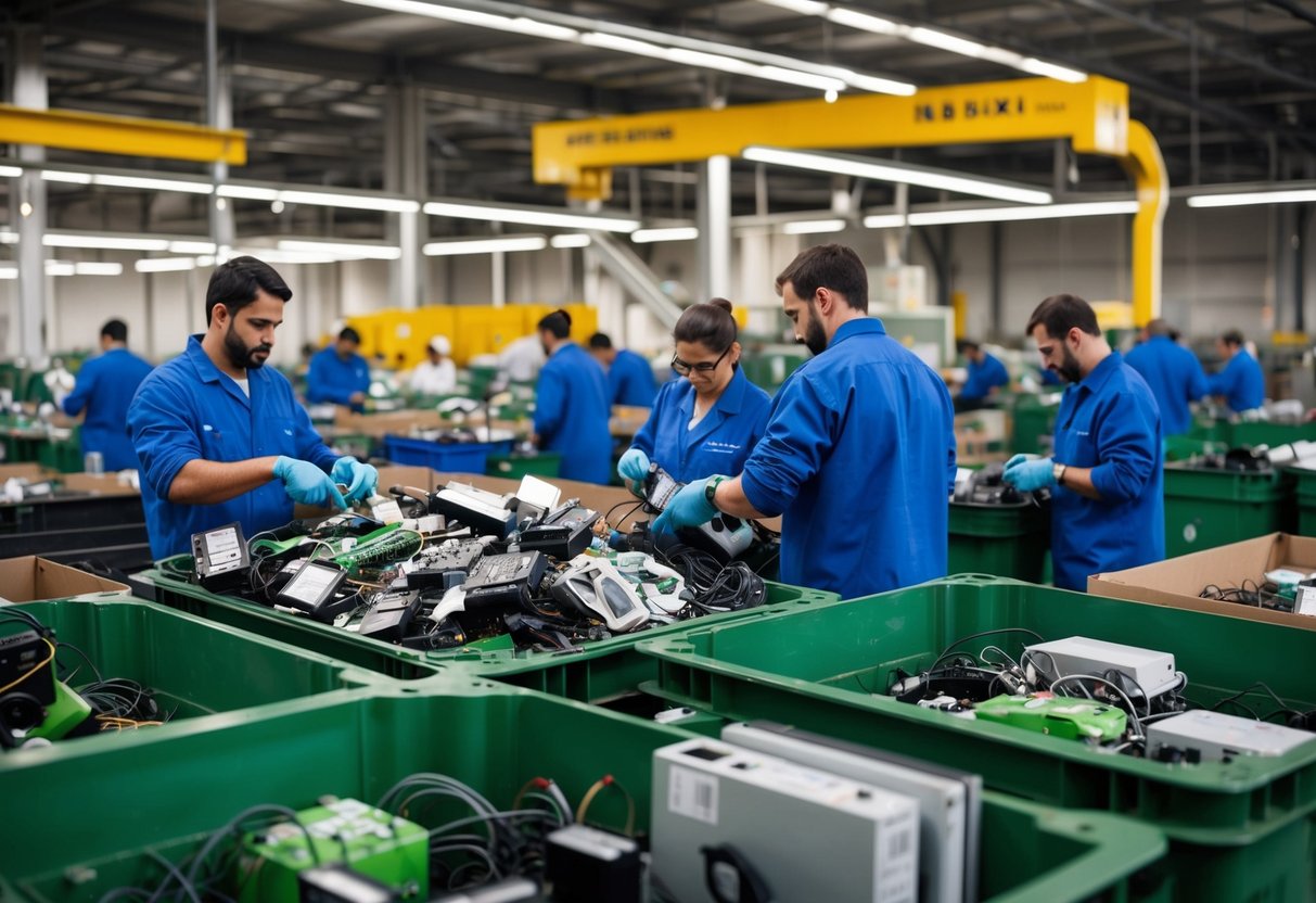 A bustling ITAD facility with workers sorting and refurbishing electronic devices, while a recycling plant processes e-waste into raw materials