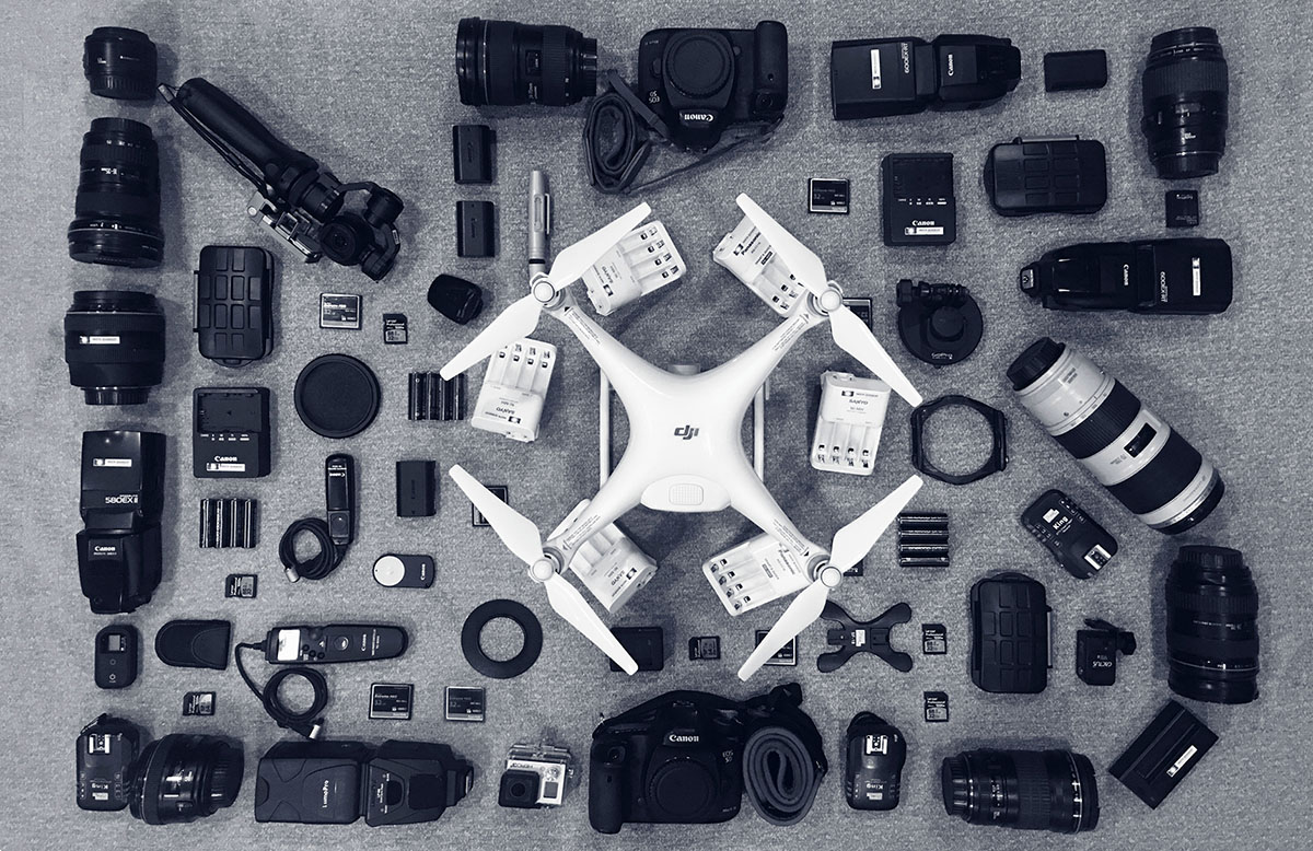 Capturing perfection: Professional photography equipment, including a drone and camera setup