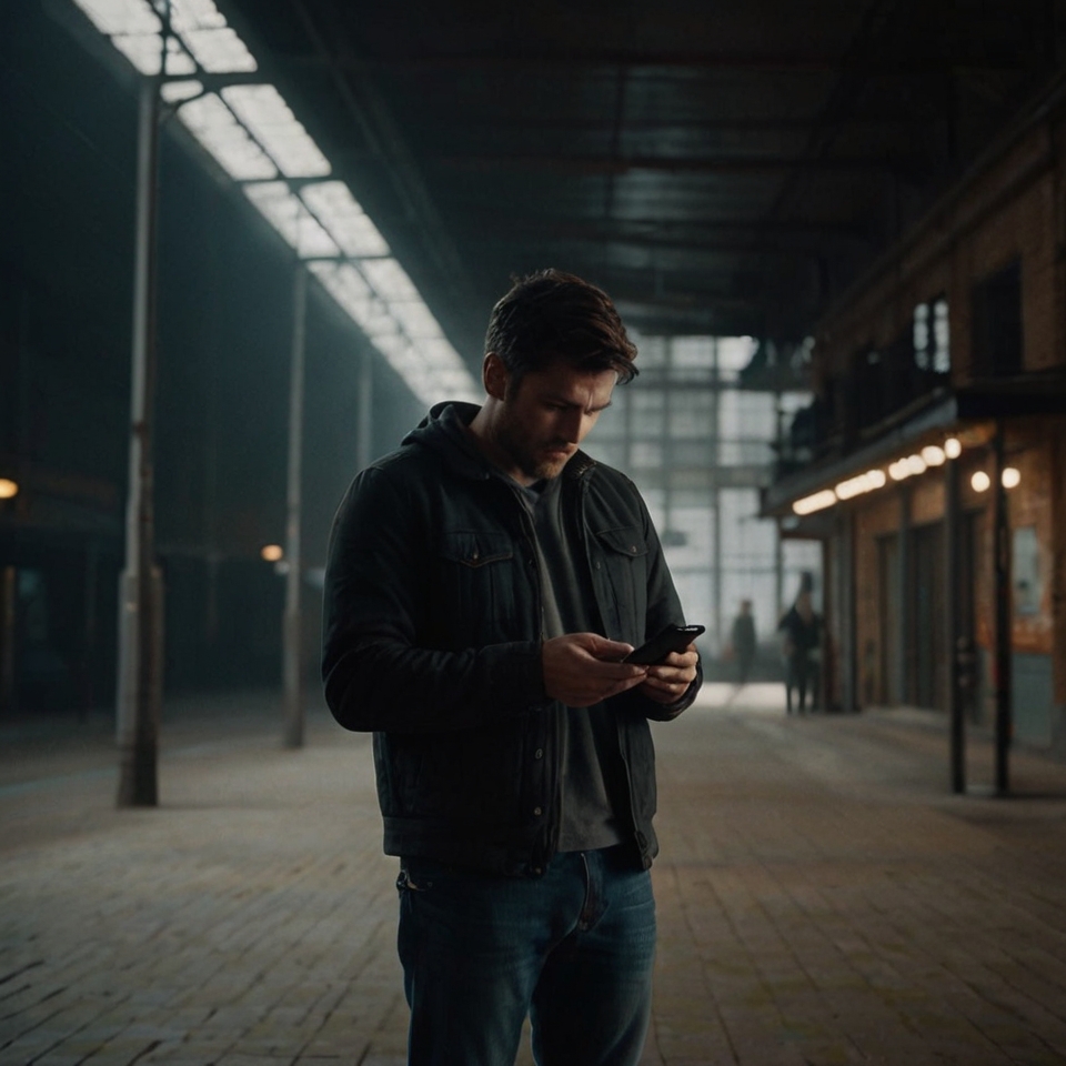 A man standing alone in a dimly lit urban setting, staring at his phone, symbolizing the temptation of checking an ex's social media