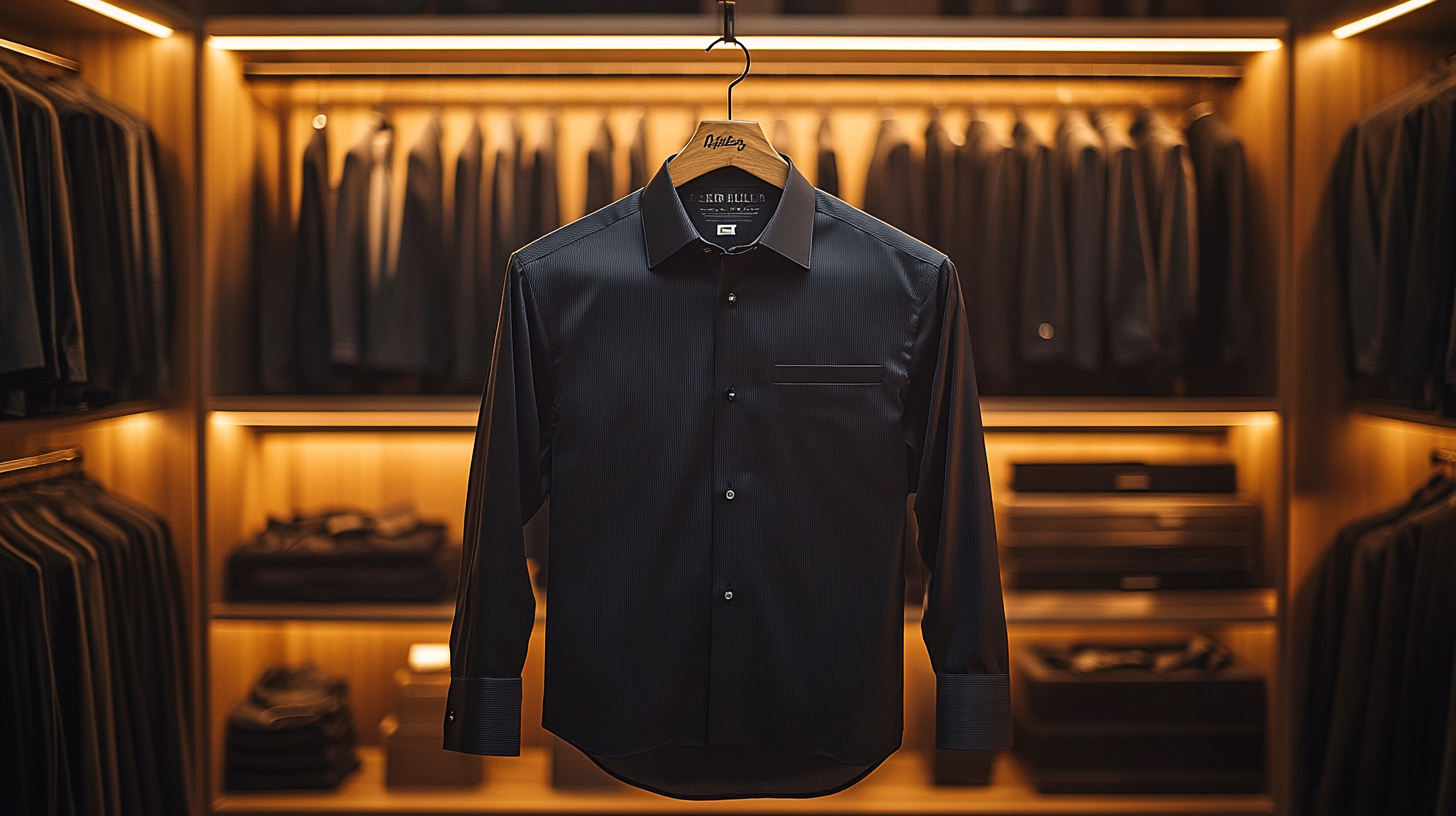 A sharp black dress shirt hanging in a stylish wardrobe, displayed on a wooden hanger. its smooth fabric reflecting subtle lighting. The elegant design exudes sophistication and modern style.