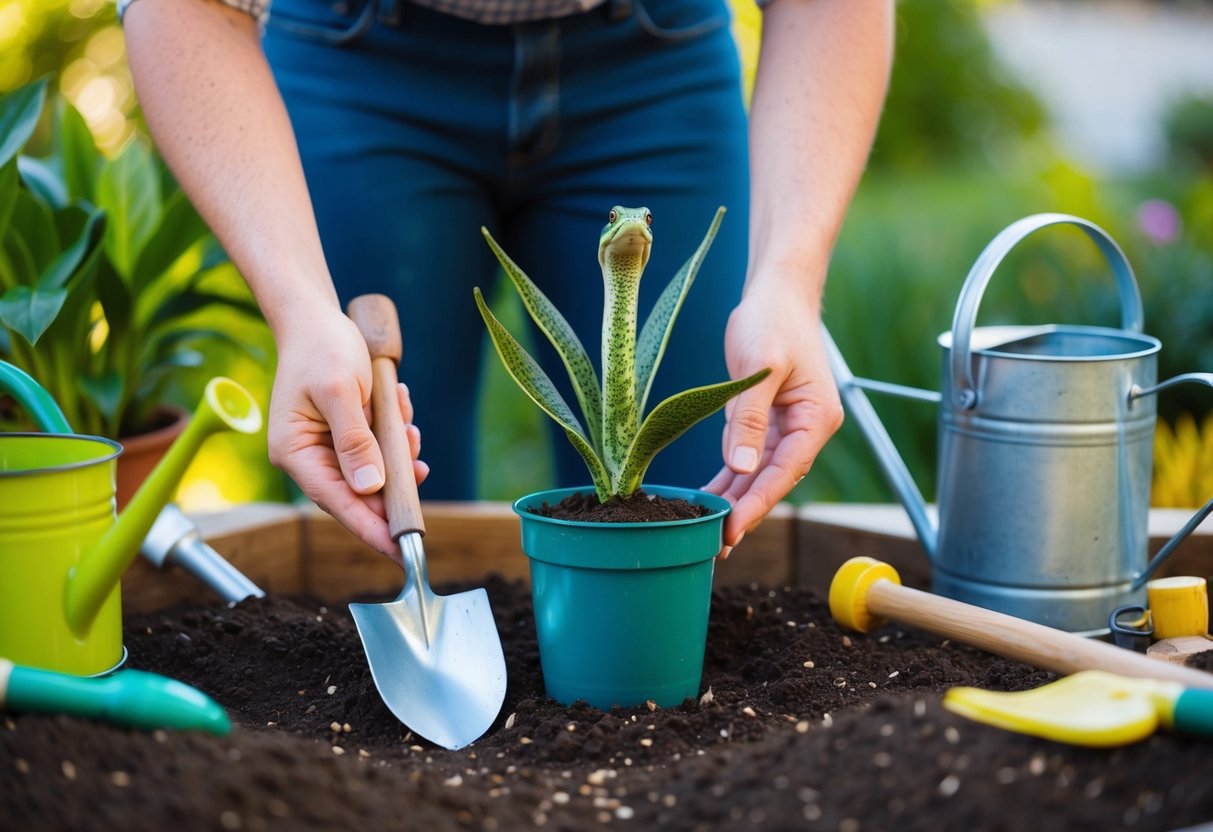 A pair of hands holding a small shovel and a potted snake plant, surrounded by soil, a watering can, and other gardening tools