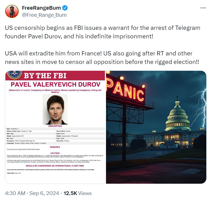 The FBI has issued a warrant to arrest Telegram founder Pavel Durov.