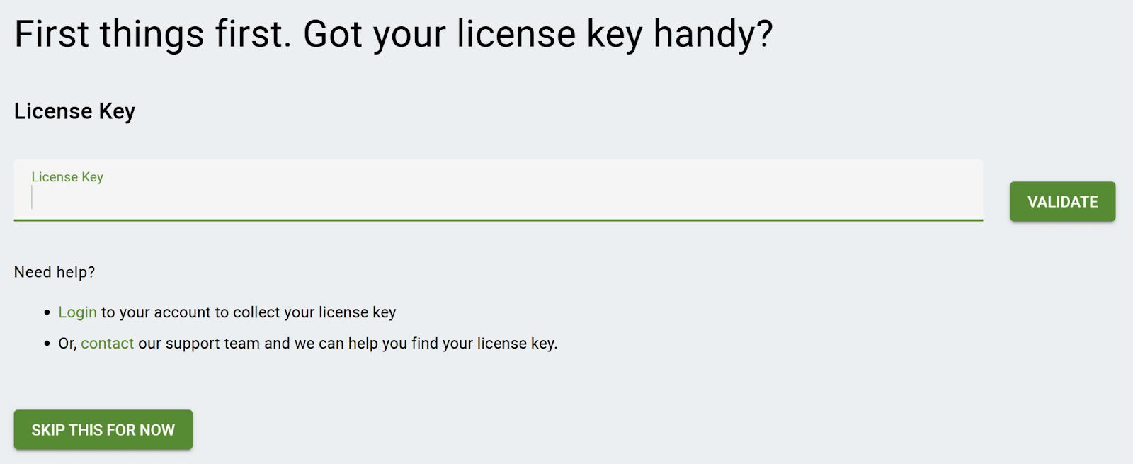 Screenshot displays the step that requires license key.