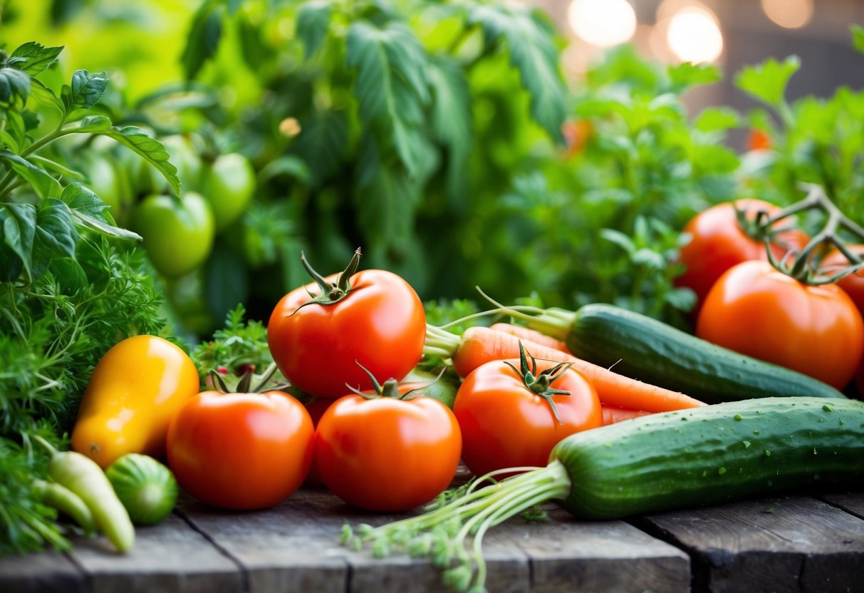 A garden with ripe tomatoes, carrots, and cucumbers ready for picking. A variety of leafy greens and herbs fill the background