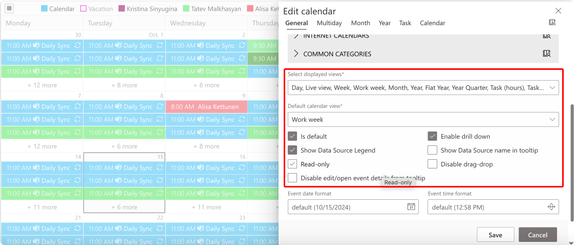 Tweaking views settings in Virto Calendar. 