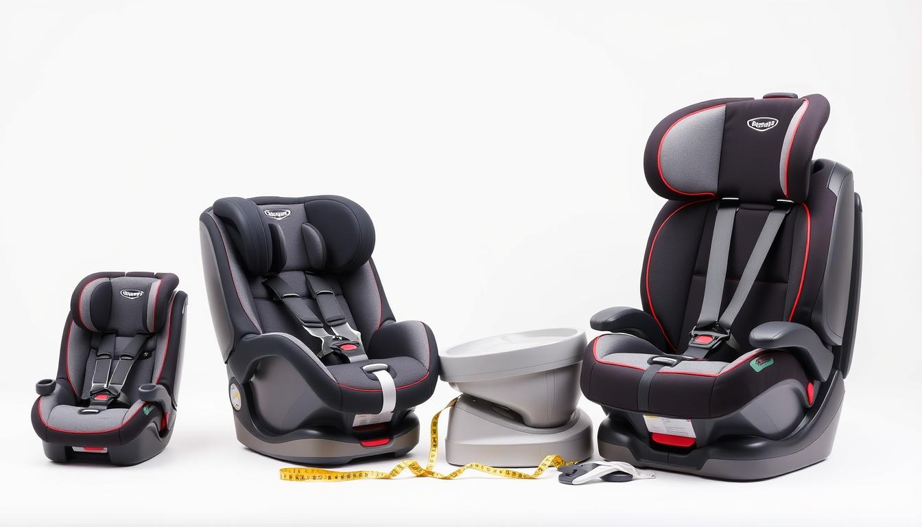 Various types of car seats arranged by age and weight requirements
