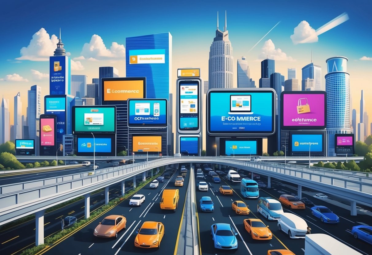 A bustling city skyline with various digital screens displaying e-commerce ads across different platforms. Traffic flows on the streets below