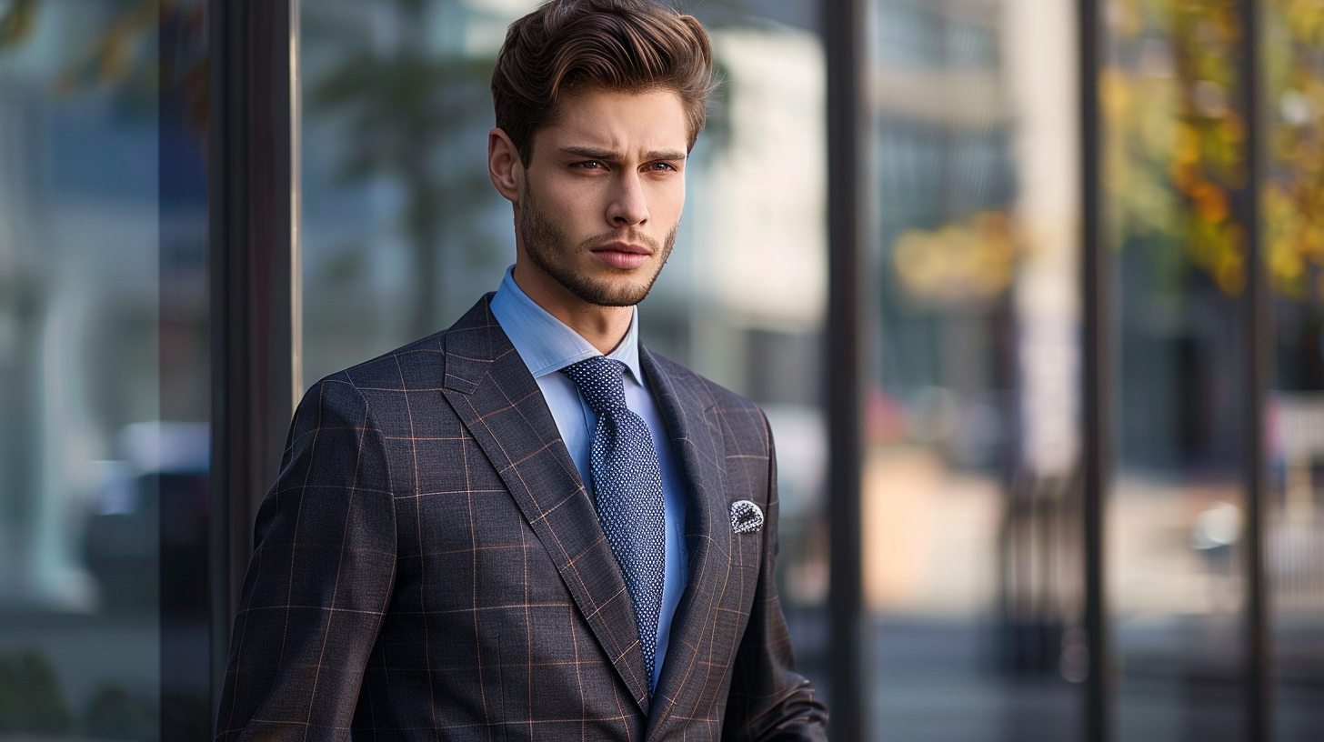 A man in a slim fit suit tailored closely to the body, sleek silhouette, sharp edges. Worn with a crisp shirt and slim tie, ideal for modern urban settings or stylish business looks.