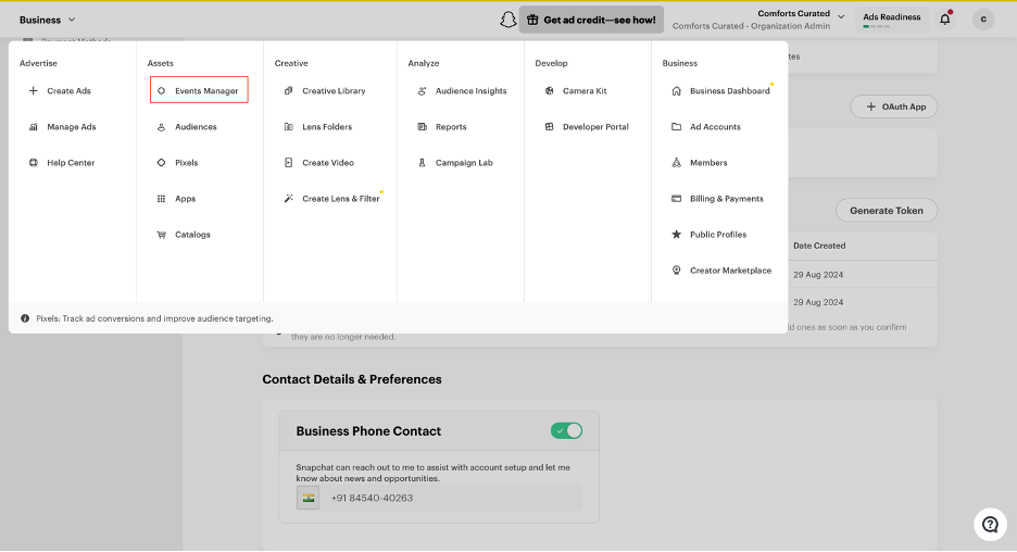 How to set up the Snap Pixel: click on “Business” at the top left to open the navigation panel. Click on “Events Manager”