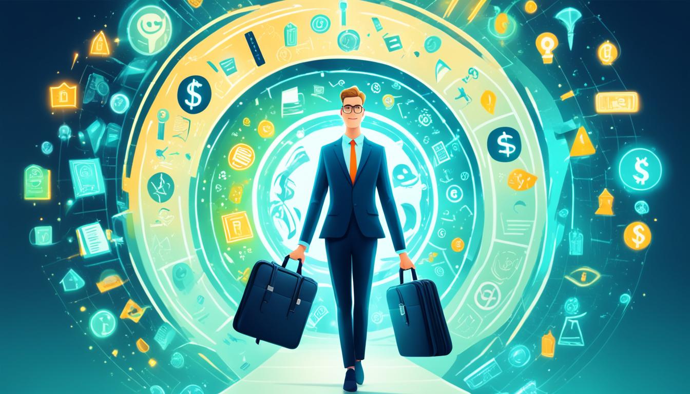 A person standing confidently in front of a glowing portal, with a briefcase in one hand and a resume in the other, ready to step into their dream job. The portal is surrounded by symbols of abundance and opportunity, such as dollar signs, keyholes, and open doors, while the person radiates positivity and determination.