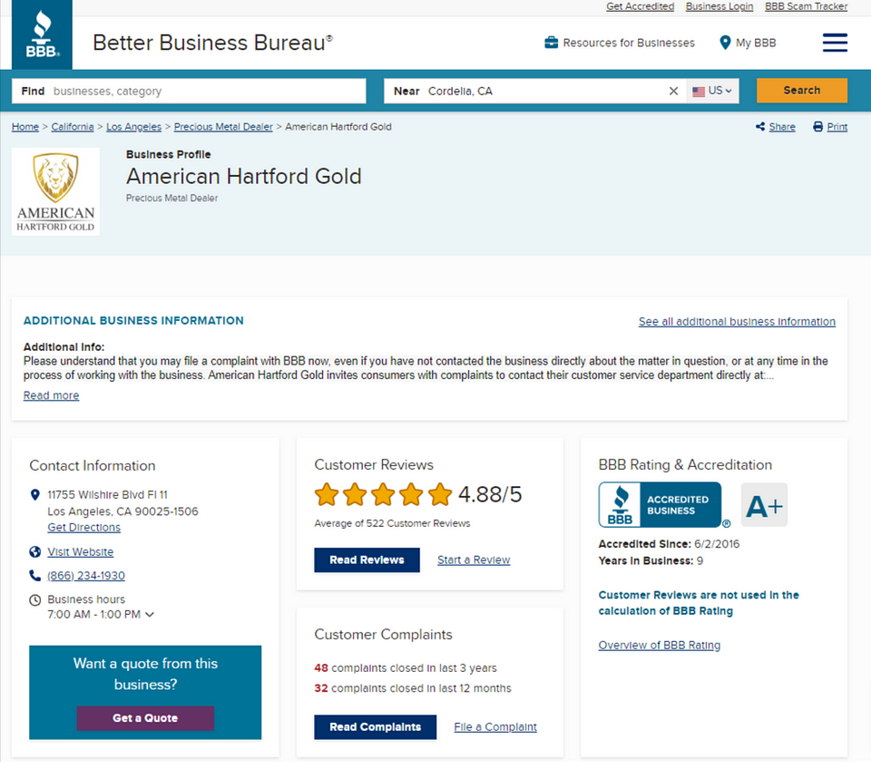 BBB review of American Hartford Gold