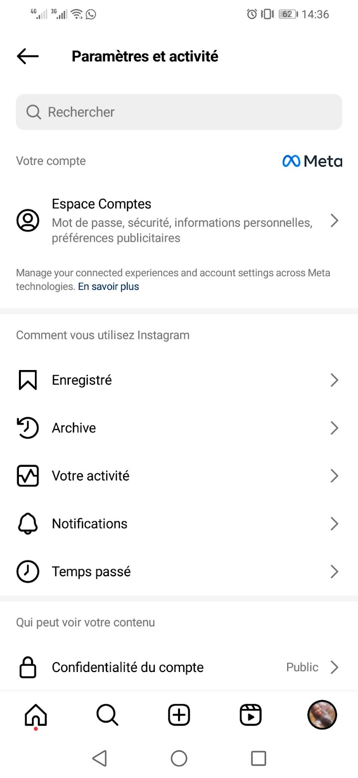 Paramètres et activité Instagram sur Android